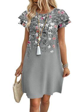Women's Heather Grey Polyester Blend Cap Sleeve Crew Neck Pull On Mini Dress